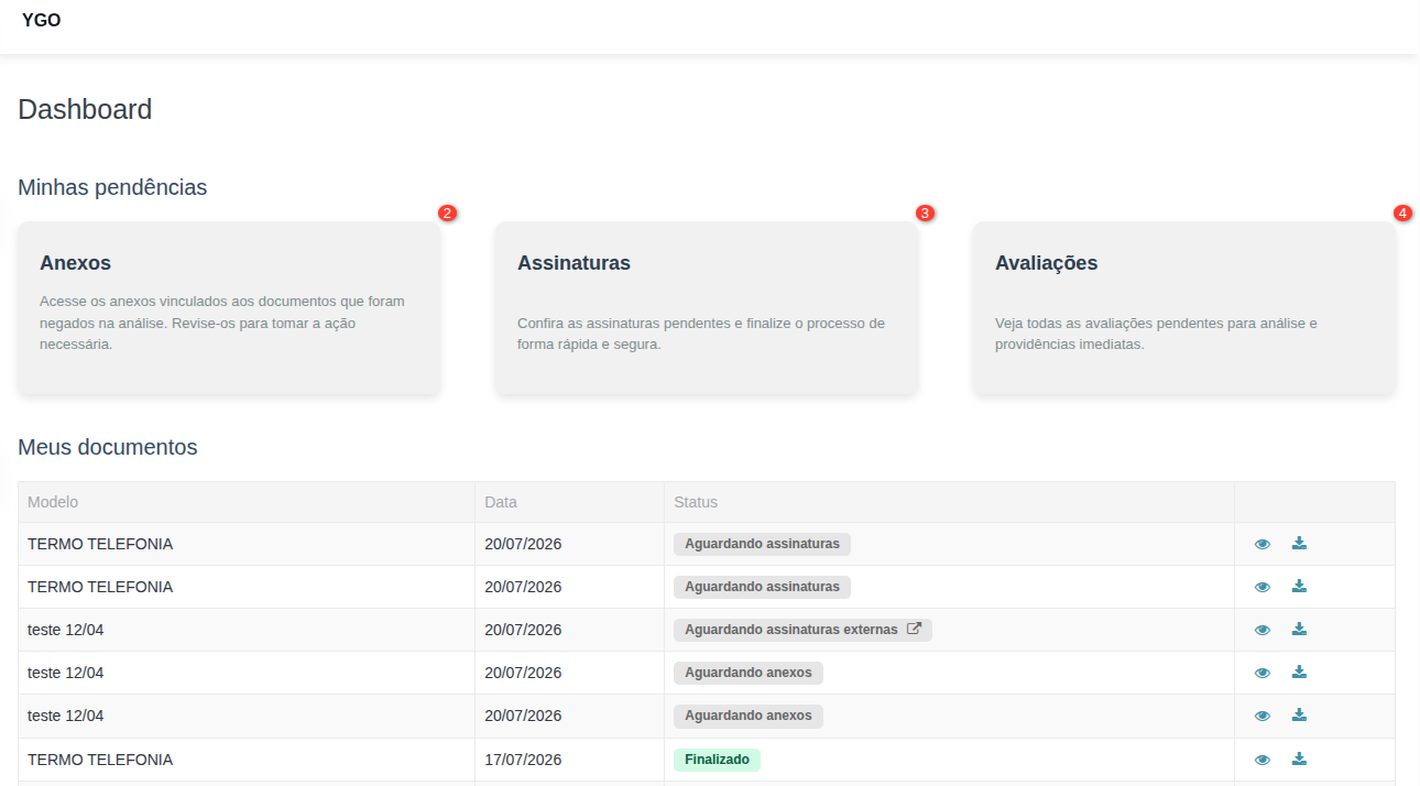 Dashboard inicial e listagem de documentos